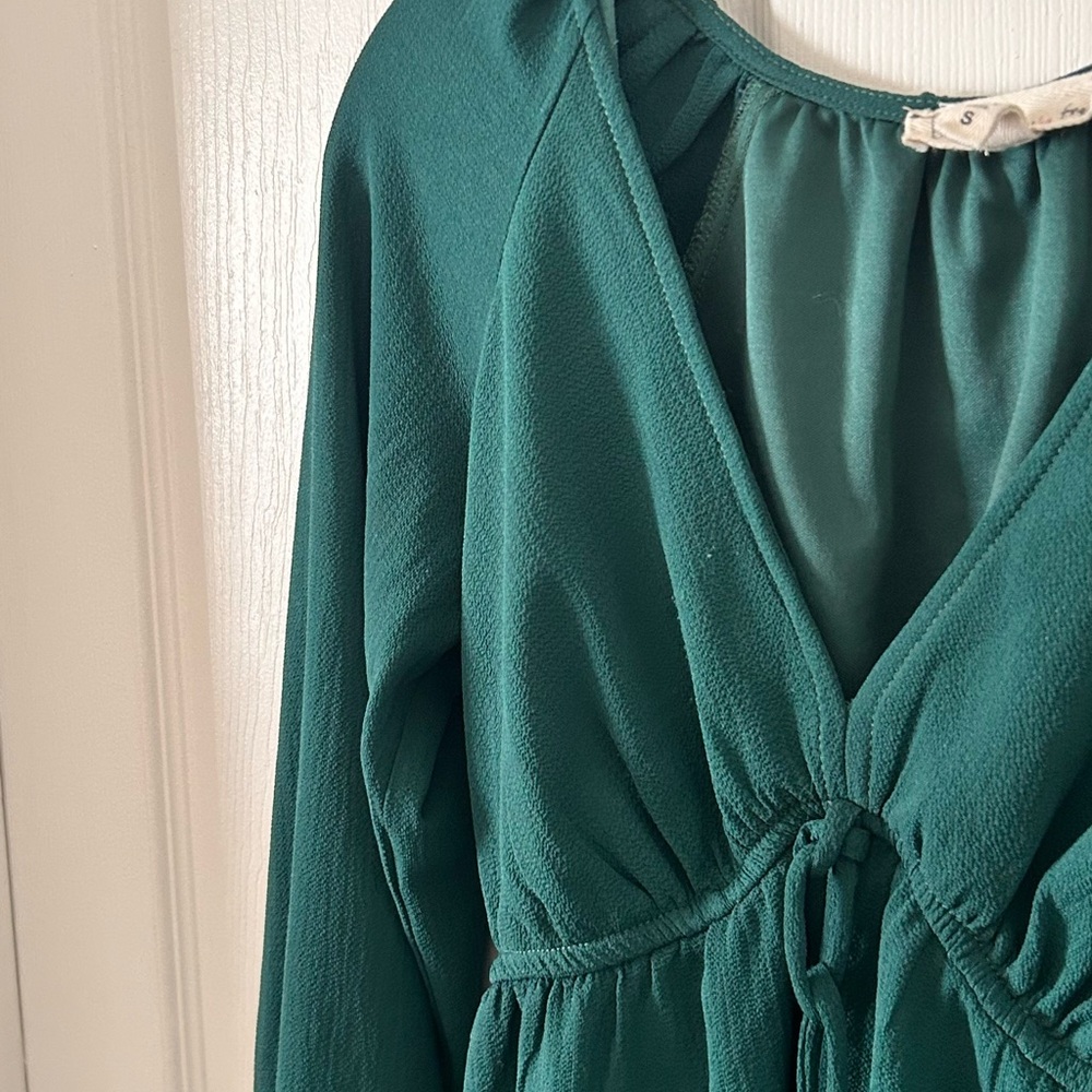 BeBop Green Pleated Tie Front Long Sleeve Sundress